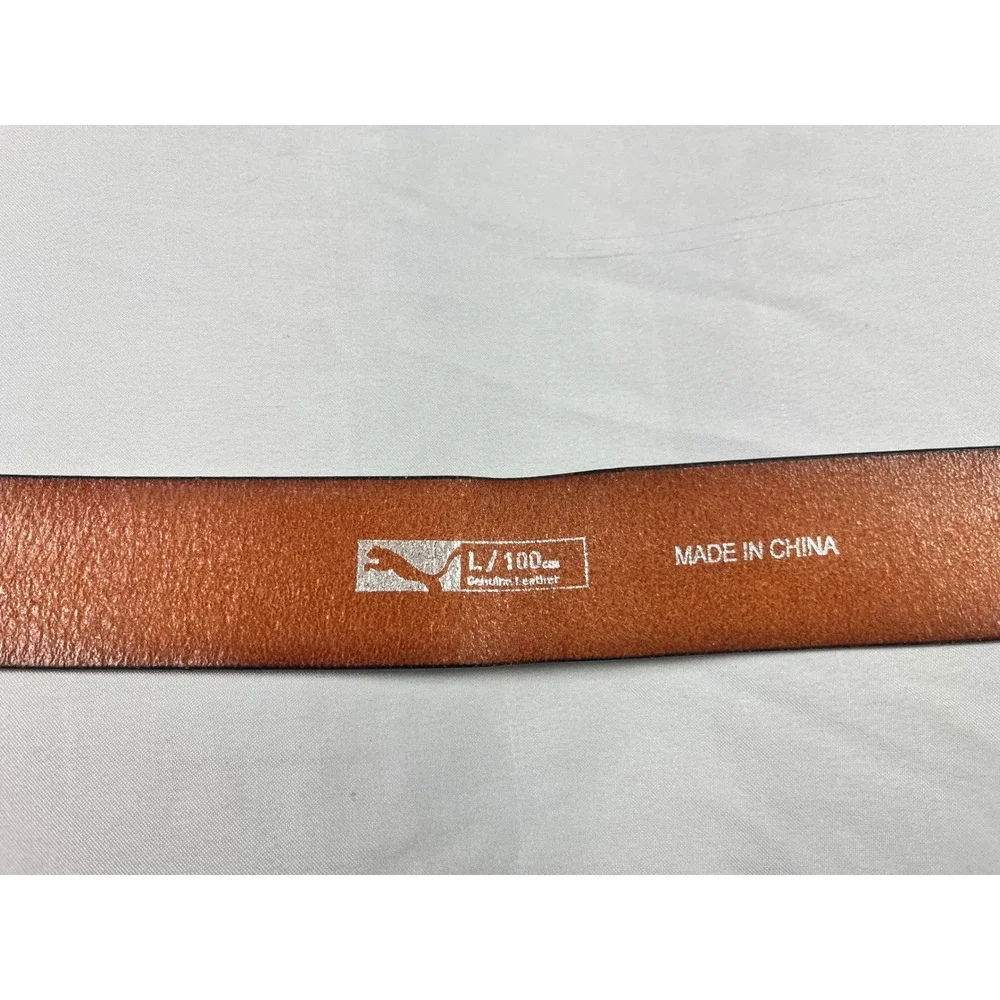 Puma Mens Black Genuine Leather Belt Silver Cutout Cat Logo Buckle Size L 100cm